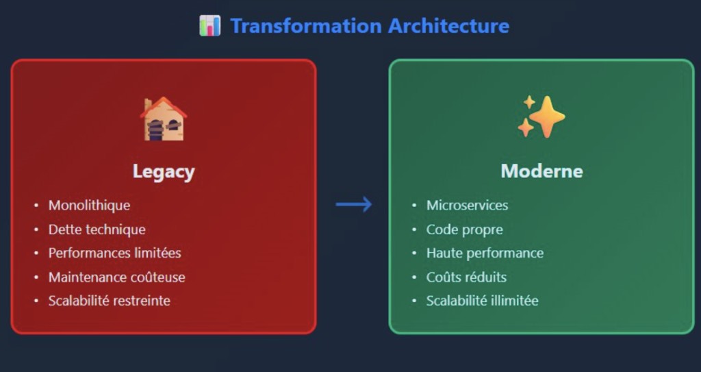 Schéma transformation architecture — legacy vers stack moderne