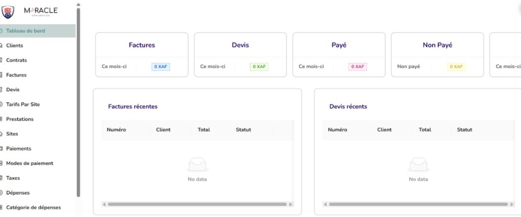 Tableau de bord CRM — factures, devis et indicateurs en XAF