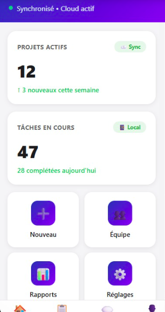 Application mobile — projets actifs, tâches et synchronisation cloud